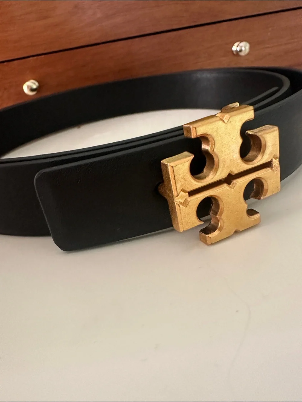 Tory Burch Black Leather Belt with Gold Double-T Buckle New